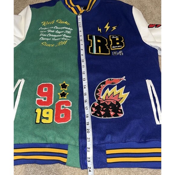 Rebel Minds (M) Velocity Varsity Jacket Blue Leather Embroidered Cobra See Desc - Picture 9 of 16